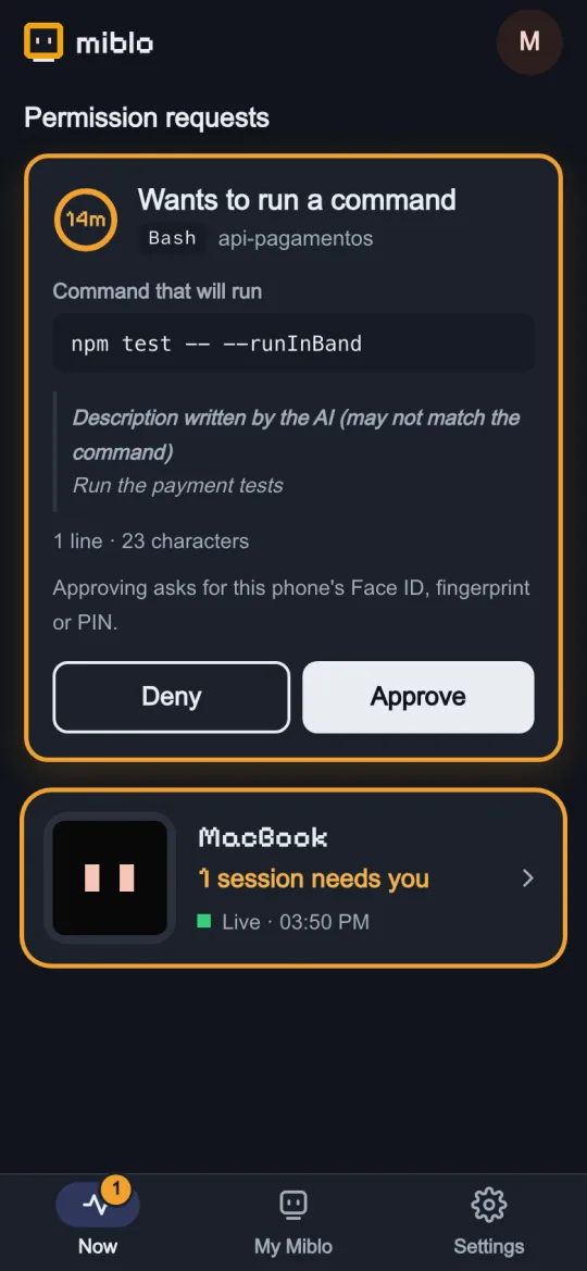 A permission request on a phone: the AI wants to run npm test, with Deny and Approve buttons