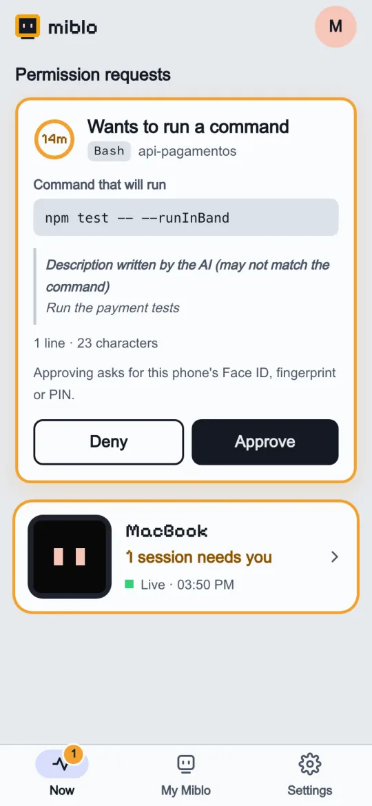 A permission request on a phone: the AI wants to run npm test, with Deny and Approve buttons