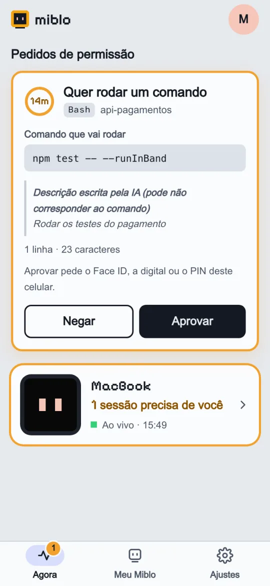Um pedido de permissão no celular: a IA quer rodar npm test, com os botões Negar e Aprovar