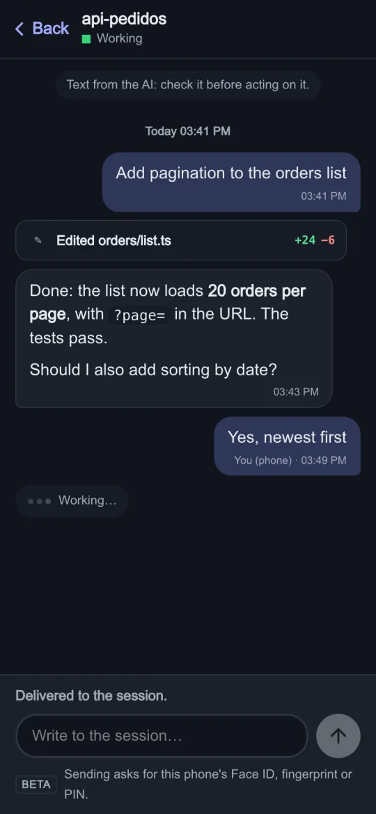 A conversation on a phone: the AI asks whether to sort by date, the reply sent from the phone and the note “Delivered to the session”