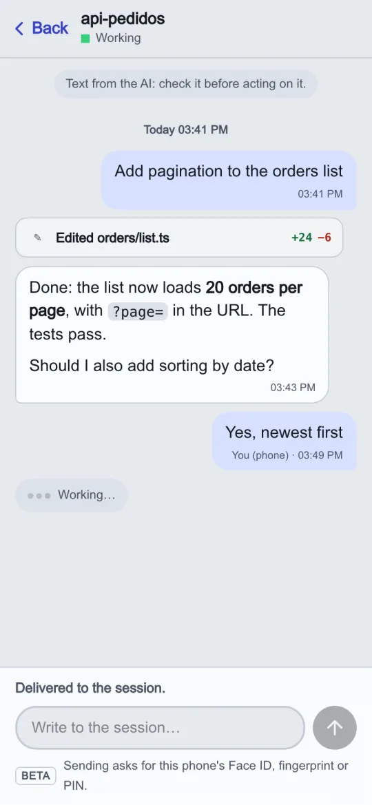 A conversation on a phone: the AI asks whether to sort by date, the reply sent from the phone and the note “Delivered to the session”