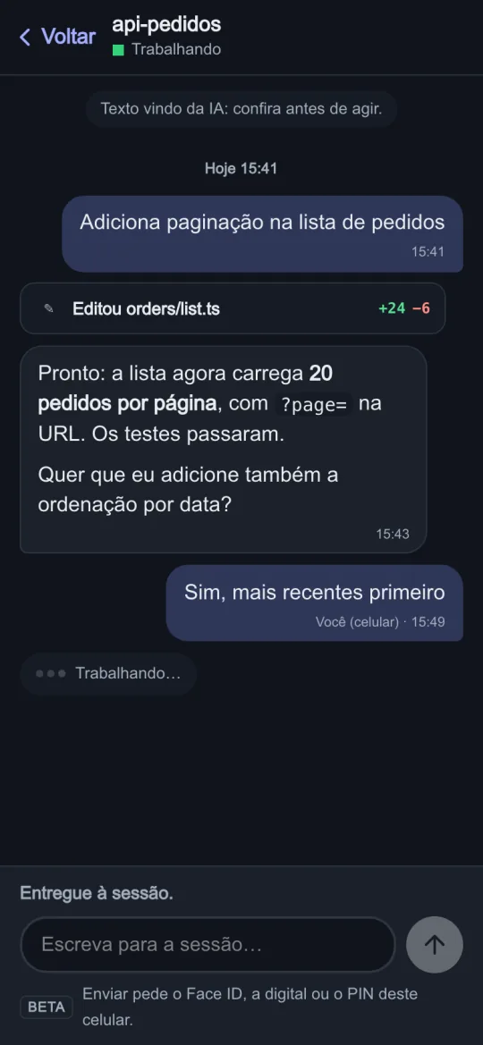 Uma conversa no celular: a IA pergunta se deve ordenar por data, a resposta enviada do celular e o aviso “Entregue à sessão”