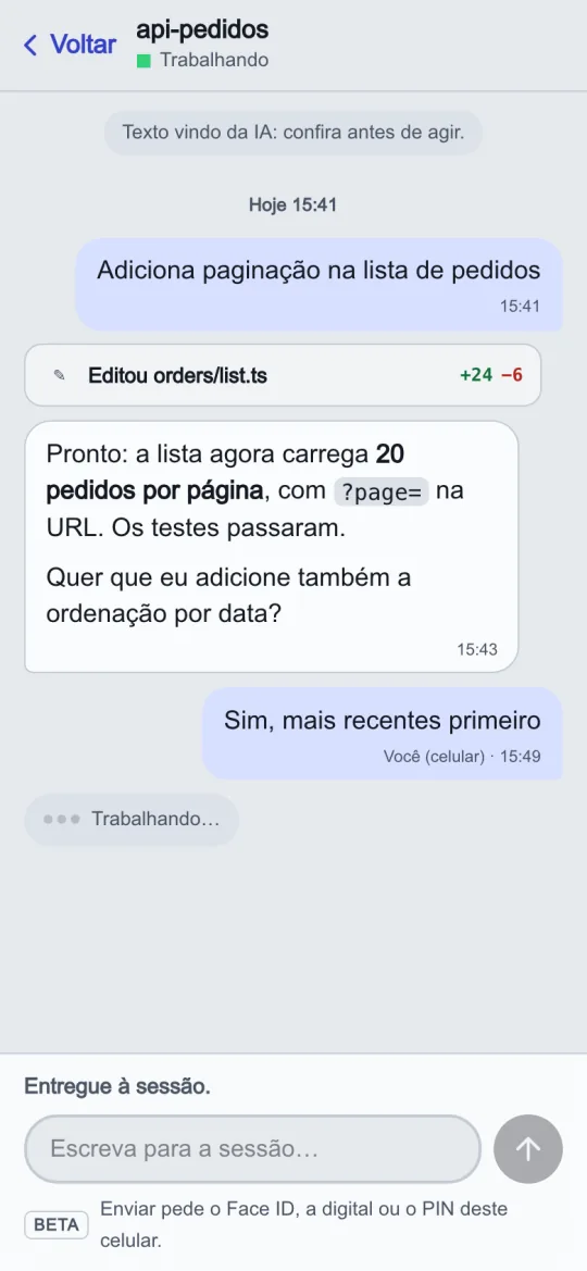 Uma conversa no celular: a IA pergunta se deve ordenar por data, a resposta enviada do celular e o aviso “Entregue à sessão”