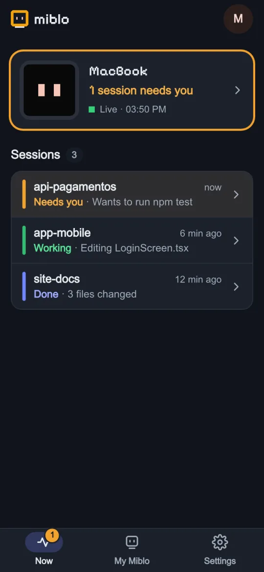 The Miblo app on a phone: three sessions, one marked “Needs you”, one working and one finished