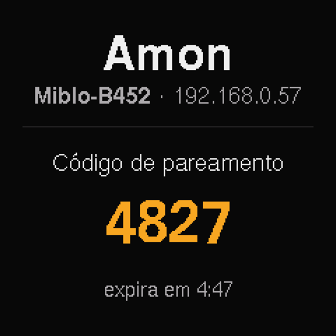 A tela do Miblo mostrando o código de pareamento de 4 dígitos