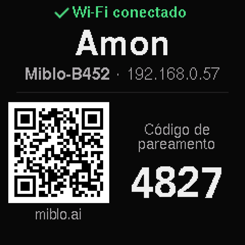A tela do Miblo conectado ao Wi-Fi, com o nome dele, Miblo-B452 e o código de pareamento