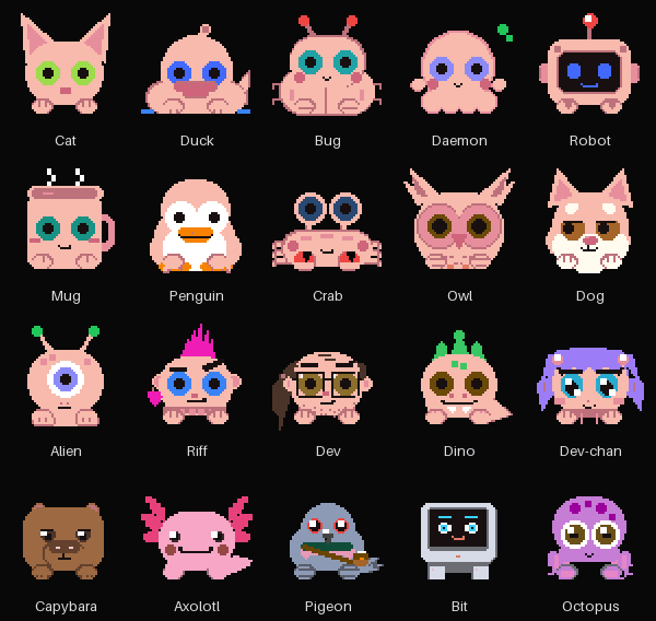Os 20 pets do Miblo lado a lado, em pixel art