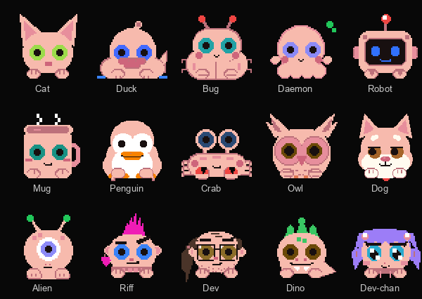 Miblo's 15 pets side by side, in pixel art